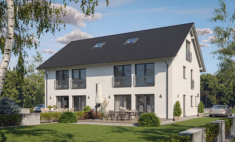 Visualisierung des Doppelhauses Haas D 112 D von der Gartenseite mit Terrassen und Balkonen
