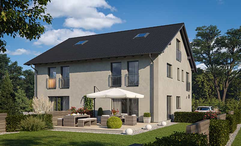 Visualisierung des Doppelhauses Haas D 114 B von der Gartenseite mit Terrasse und Sonnenschirm