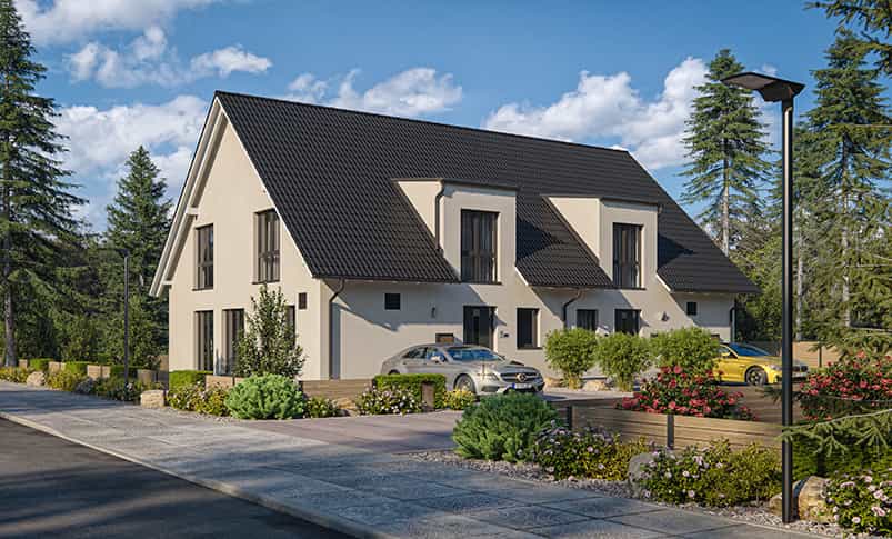 Visualisierung des Doppelhauses Haas D 137 B mit Satteldach und Gauben von der Straßenseite