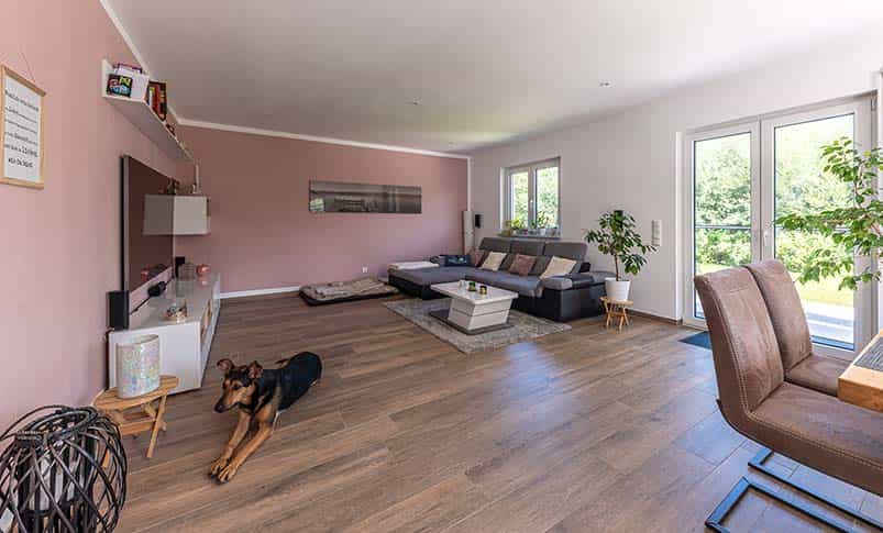 Wohnzimmer mit roséfarbener Wand, Sofa und Holzboden im Doppelhaus Haas D 137 B