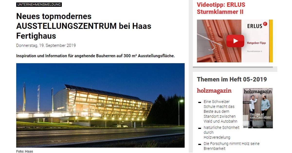 Bericht Holzmagazin neues Ausstellungszentrum Haas Fertigbau Österreich