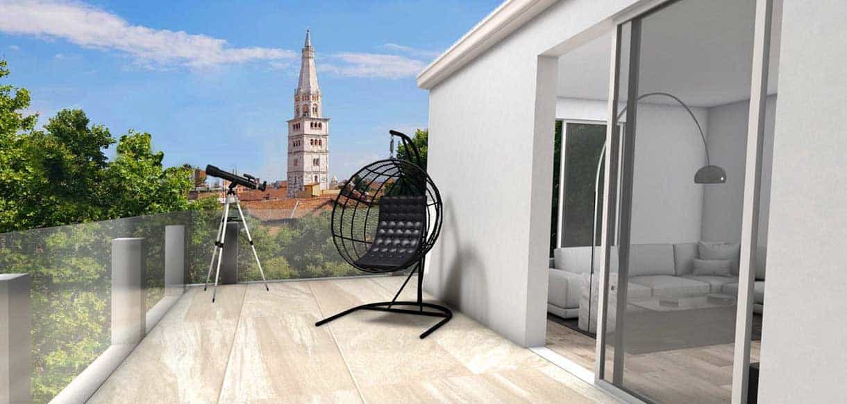 Visualisierung der Dachterrasse des Panorama-Penthouses im Hausbausatz Alca in Modena mit Stadtblick