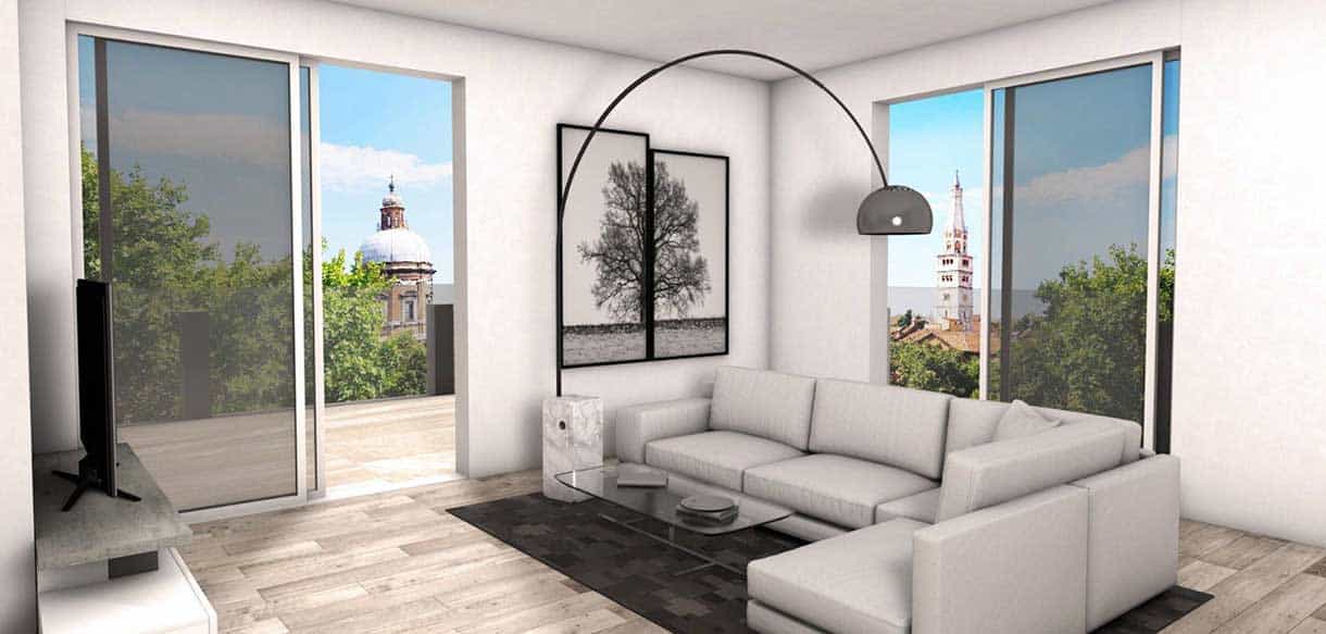 Visualisierung des Wohnzimmers mit Sofa und Terrassentür im Hausbausatz Alca in Modena, Haas Holzbausysteme
