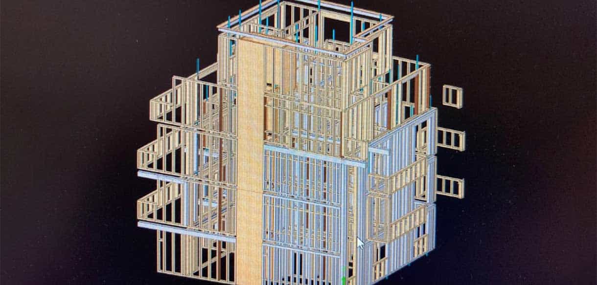 3D-Konstruktionsmodell des Hausbausatzes Alca in Modena mit Außenwänden, Innenwänden und Xlam-Decken
