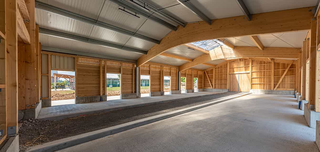 Pferdestall im Rohbau mit Holzdachtragwerk und Fensteröffnungen auf dem Reiterhof in Horkheim