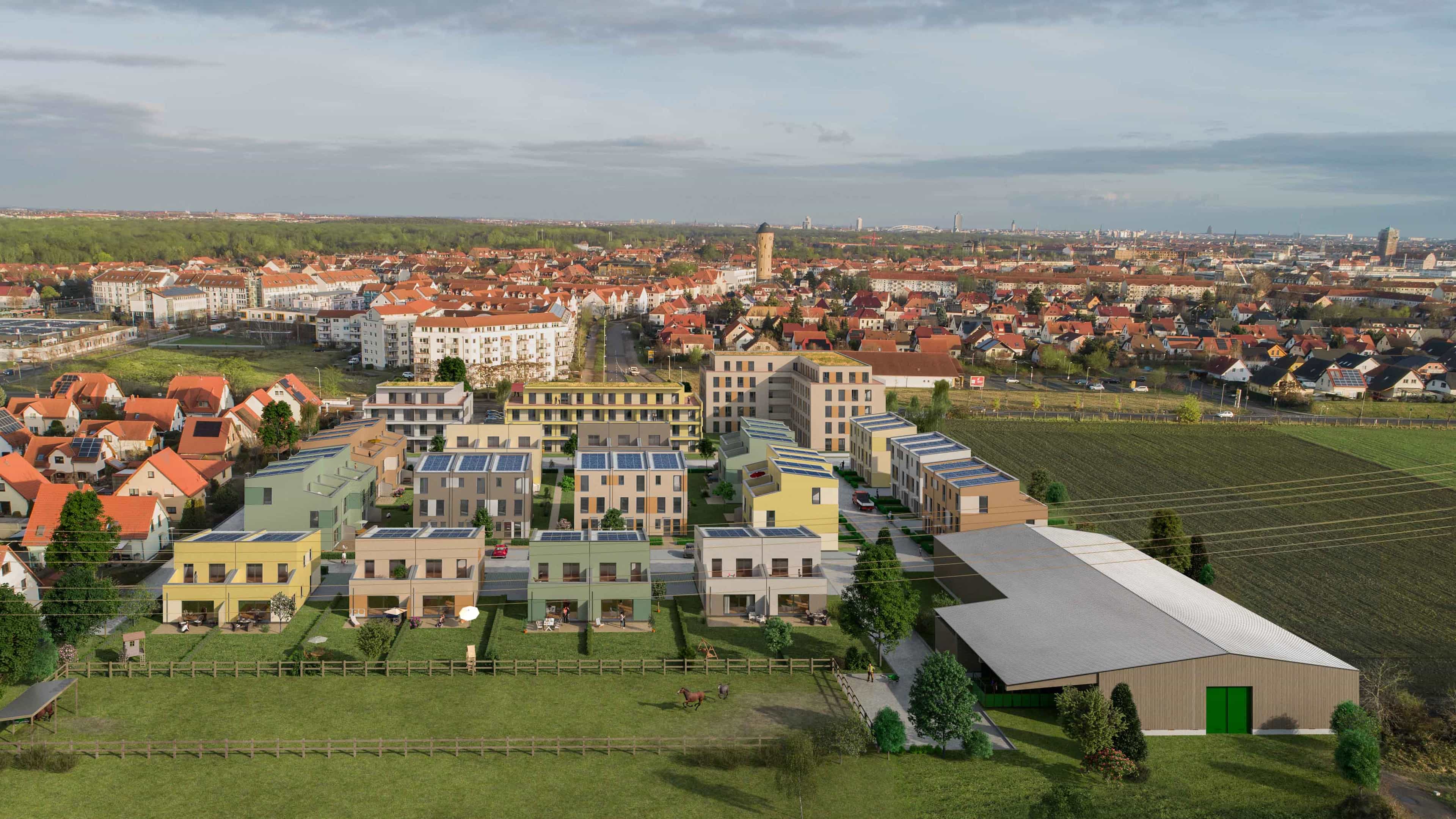 Rendering eines neuen Wohnquartiers mit mehrgeschossigen Holzbauten am Stadtrand, Haas Projekt zum Holzbaukongress