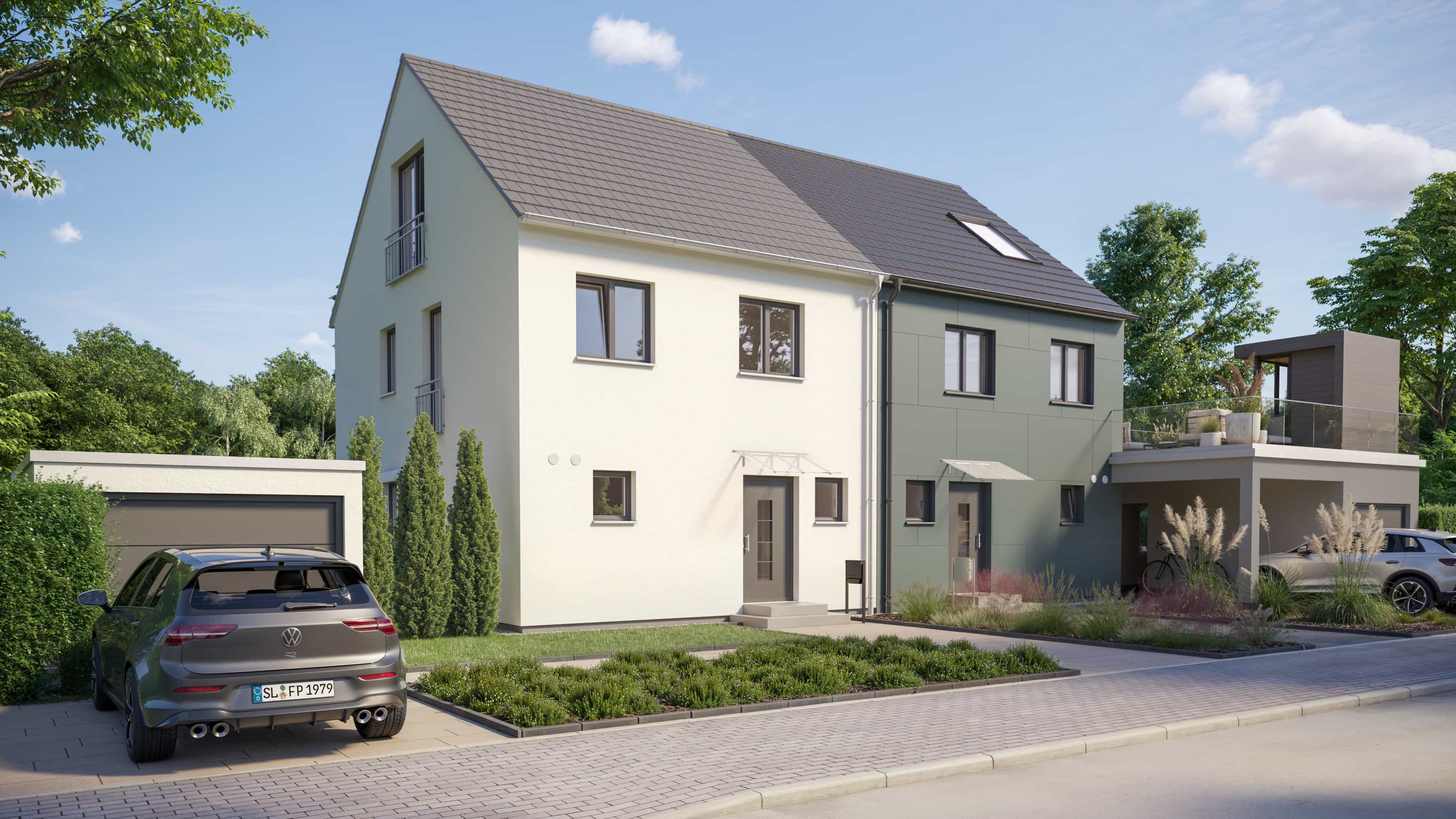 Visualisierung des Haas Doppelhauses D 112 mit Satteldach, Garage und zwei farblich abgesetzten Hälften