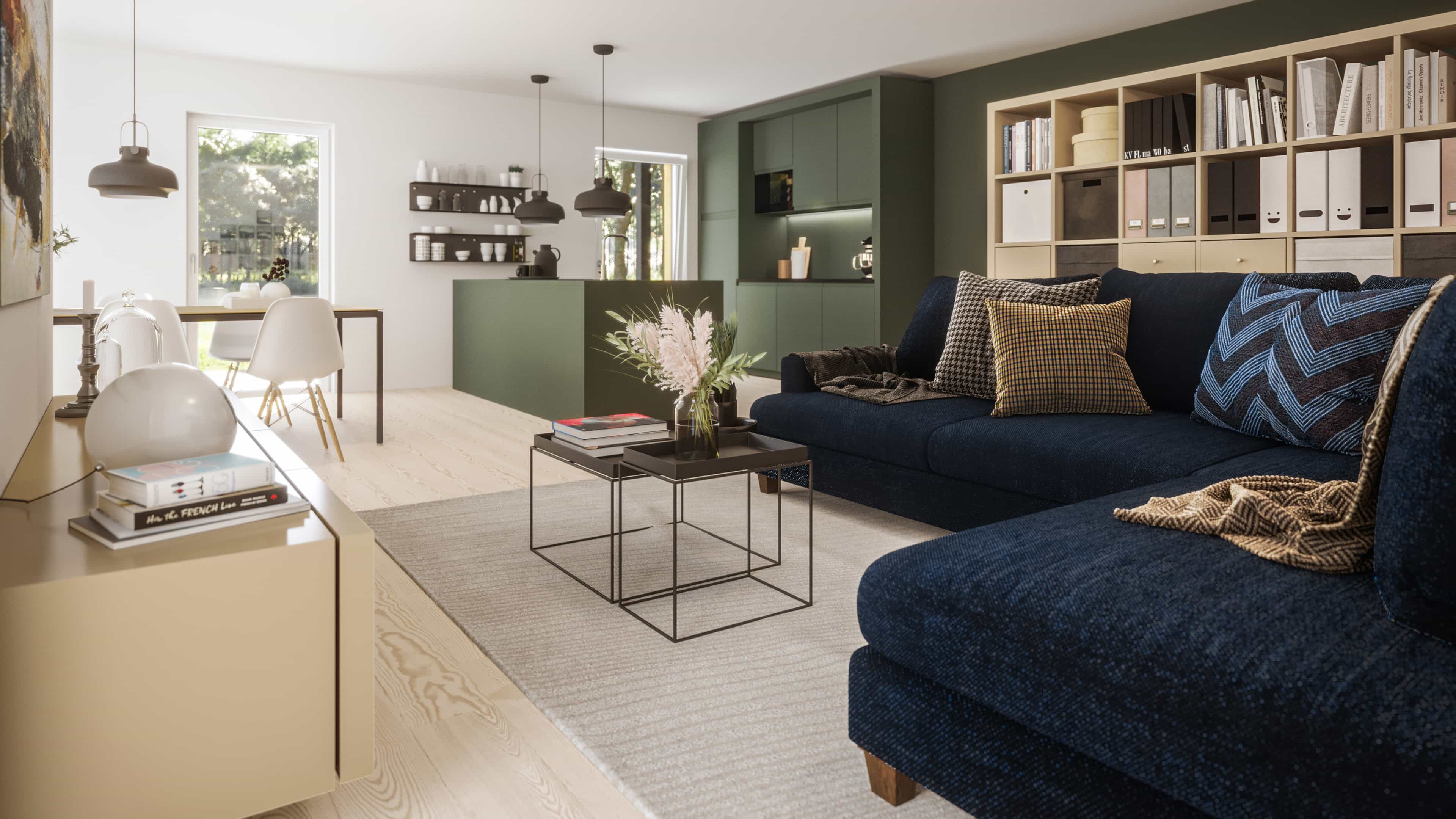 Modernes Wohnzimmer mit dunkelblauer Couch, bunten Kissen und grünem Küchenschrank im Hintergrund, dekoriert mit Pflanzen und Regalbrettern.