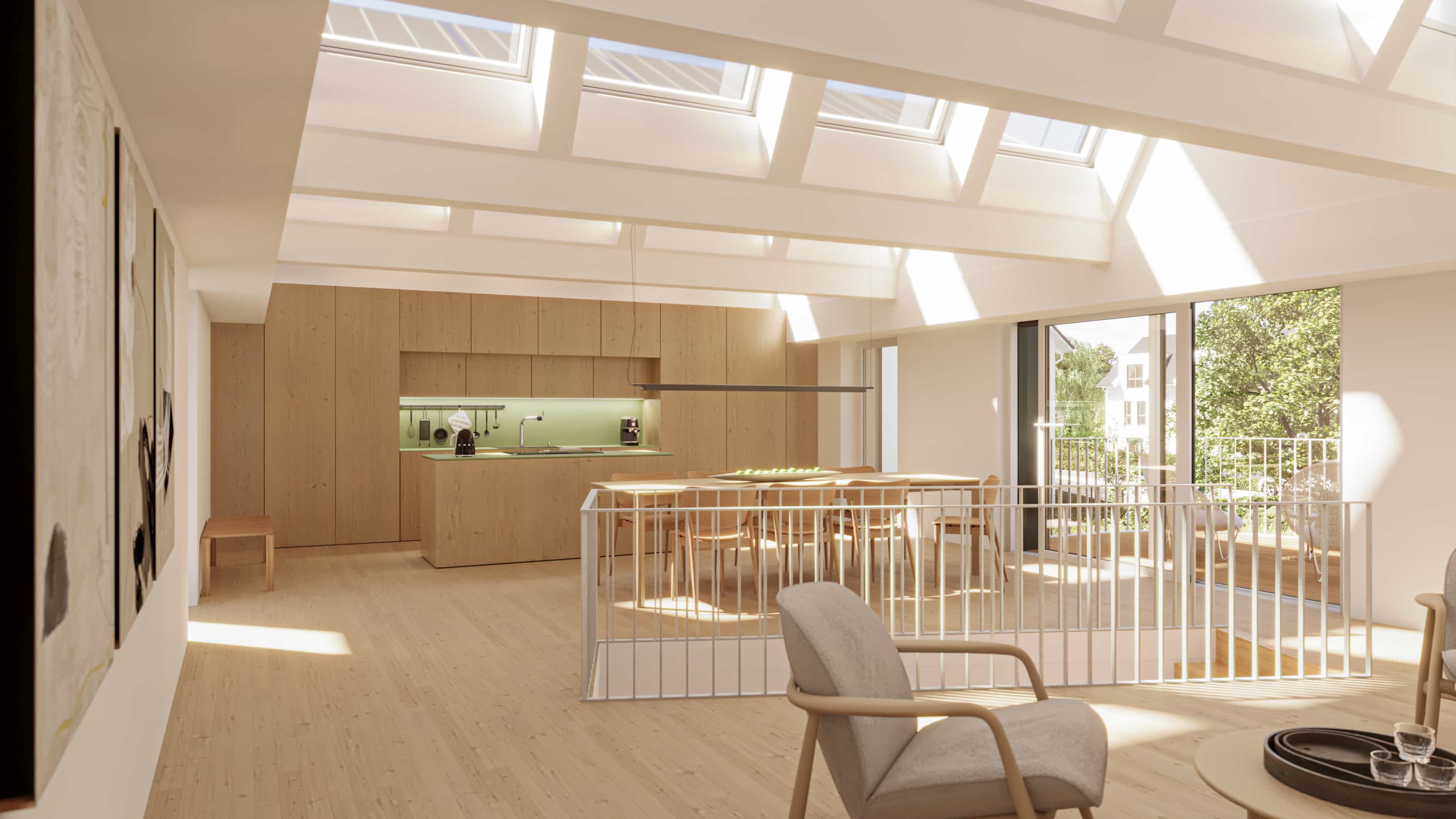 Rendering eines hellen Dachgeschosses mit Oberlichtern und Galerie, The Urban House aus der Haas Kundennähe-Meldung