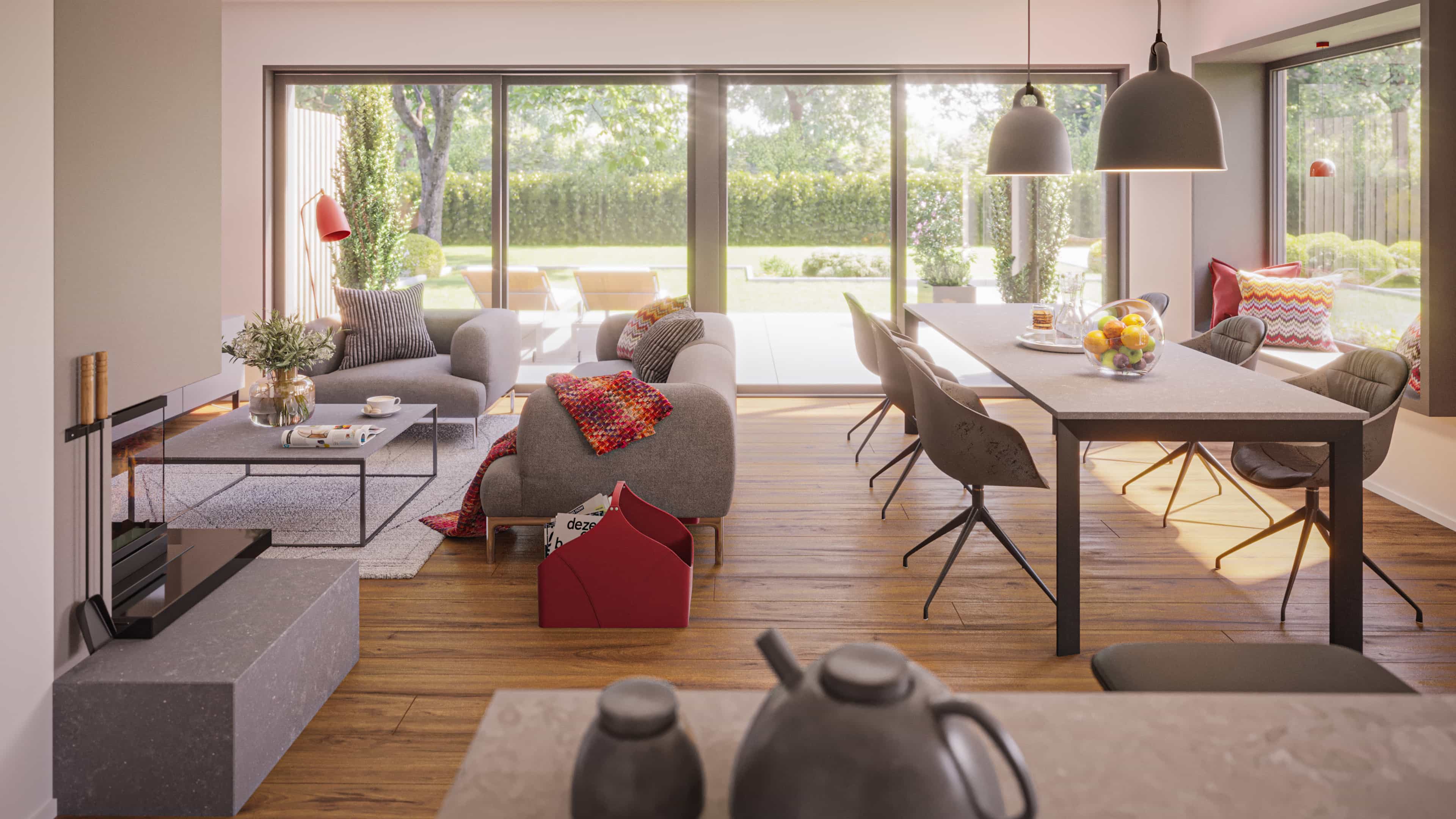 Modernes Wohnzimmer mit grauem Sofa, Holztisch, großen Fenstern und Gartenblick. Ein gemütlicher Wohnbereich in natürlichem Licht.
