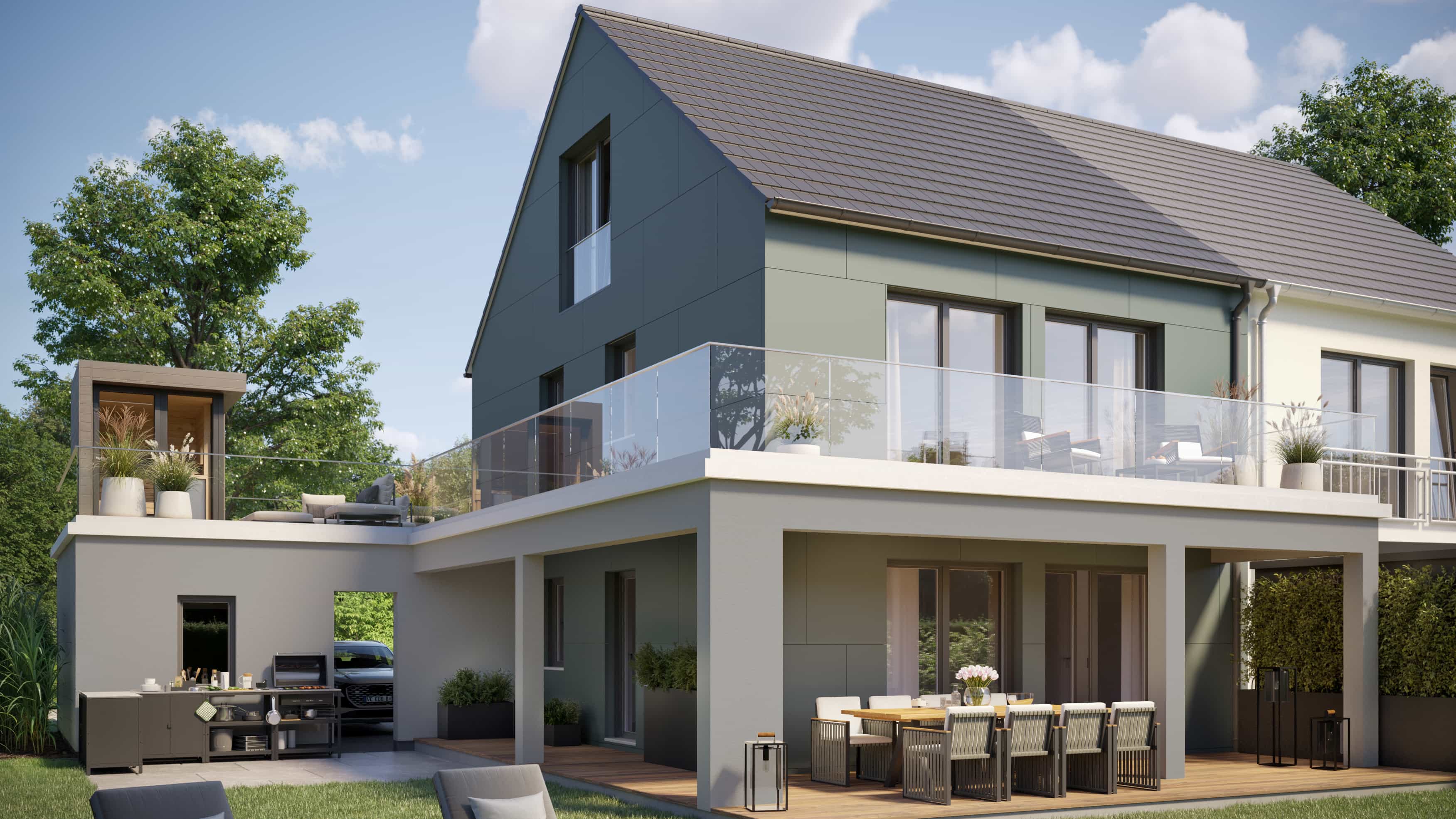 Rendering eines modernen Satteldachhauses mit Terrasse und Balkon, Ratgeber Architektenhaus vs. Fertighaus