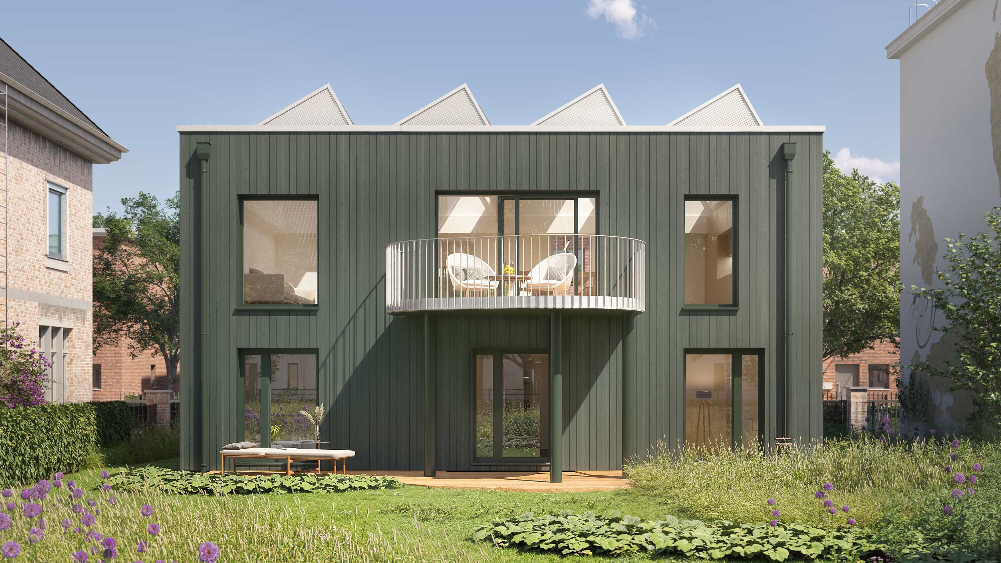 Rendering eines dunkelgrünen Stadthauses mit Sheddach und rundem Balkon, The Urban House von Haas Fertigbau