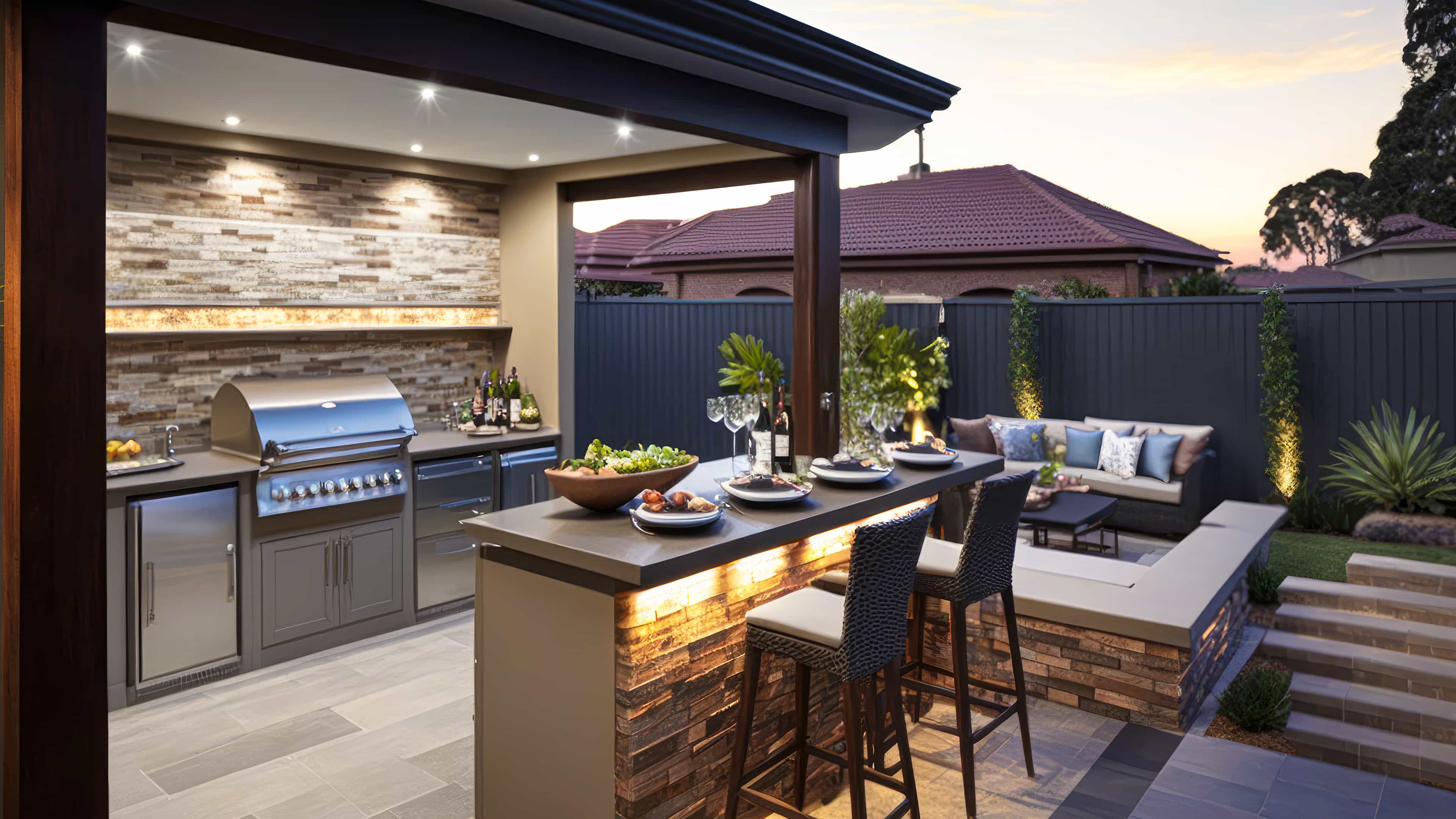 Moderne Außenküche mit Grill, beleuchtetem Tresen und Sitzbereich im Garten bei Sonnenuntergang.