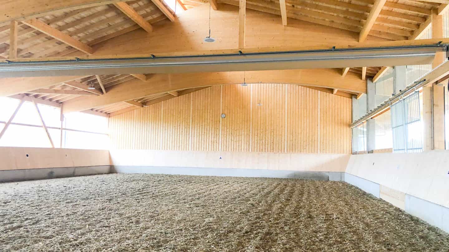 Reithalle in Kleinberghofen mit Reitboden, Holzbande, Fenstern und Holzdachtragwerk