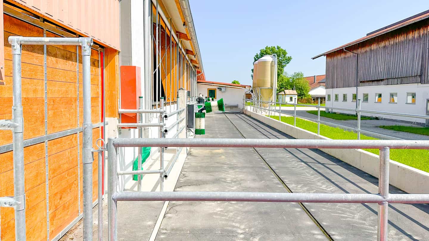 Laufhof mit Treibgang und Gittern am Milchviehlaufstall in Frauenneuharting